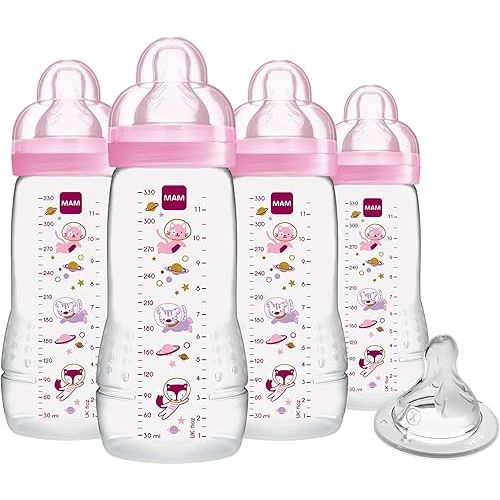 MAM Easy Active Baby Bottles 11 oz with Bonus Nipple, Fast Flow Skinsoft Silicone Nipple with Wide Neck Ergonomic Design, Easy to Hold, BPA-Free Bottles with Leak-Proof Caps for 4+ Months Baby, Girl