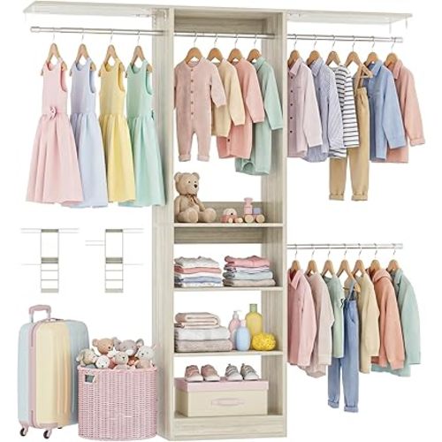 iSunirm 48" Small Closet System, Space-Saving Wall-Mounted Wardrobe Organizer, Mini Garment Rack for Narrow Spaces, Morning Outfit Prep Station & Nursery Dress-up Storage, White Oak