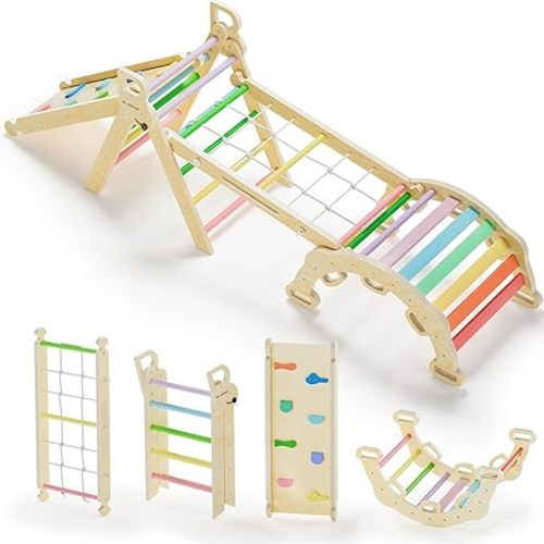 BlueWood 2024 8-in-1 Pikler Triangle Climbing Set Toddler Toys Indoor Baby Jungle Gym Climber Playground for Kids - Rainbow