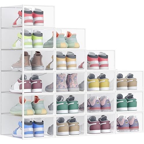 SONGMICS Shoe Boxes, Shoe Storage Organizers Rack for Closet, Plastic Stackable Sneaker Containers Case, 18 Pack, Transparent and Cloud White ULSP318W01