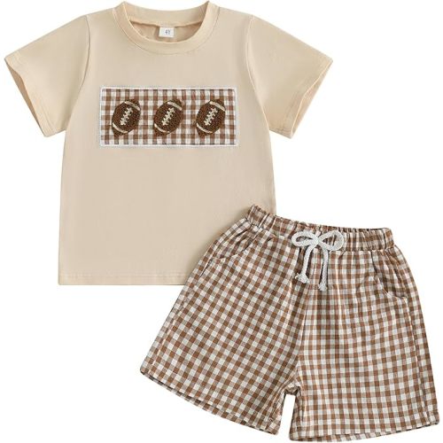 Kids Baby Boy Girl Football Outfit Embroidery Short Sleeve Shirt Plaid Shorts Cute Toddler Clothes Clothing Set