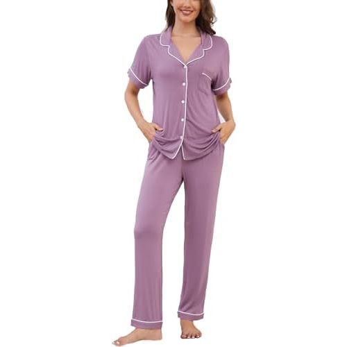 Womens Pajama Set Soft Pjs Short Sleeve Sleepwear with Long Pants 2 Piece Lounge Sets S-XXL