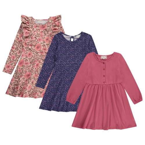 BTween Girls Long Sleeve Dresses, 3 Pack Soft Cotton Casual Dresses for Kids Mauve, Size 7/8