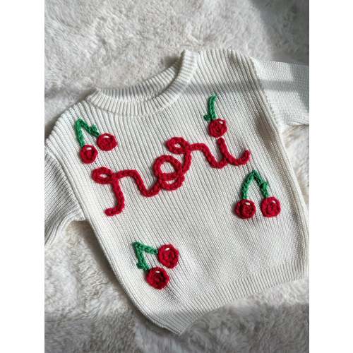 Oversized knit hand embroidered toddler baby summer spring fruit sweater custom personalized Keepsake cherry beach first  birthday outfit
