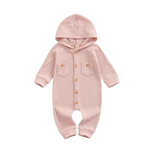Ynibbim Winter Newborn Baby Boy Girl Solid Romper Unisex Infants Hooded Outfit Clothes Waffle Cotton Button Jumpsuits
