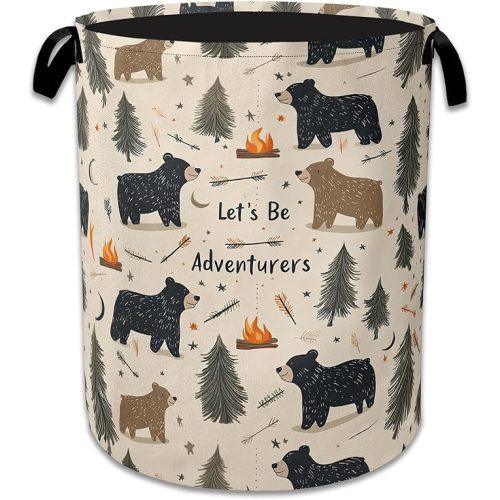 Funny Adventure Bear Forest Laundry Basket,Oxford Cloth Laundry Hamper With Handle Foldable Portable Clothes Storage Basket for Laundry Room/Bedroom/Bathroom 20.8"x16"