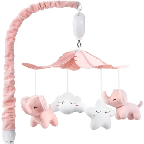 FEISIKE Crib Mobile for Girls Baby Mobiles with 3 Modes Digital Music Box（Turn Only, Music Only, Turn & Music, 35 Lullabies, Pink Elephant Nursery Mobile, Clamp Type, Pretty Box Packaging