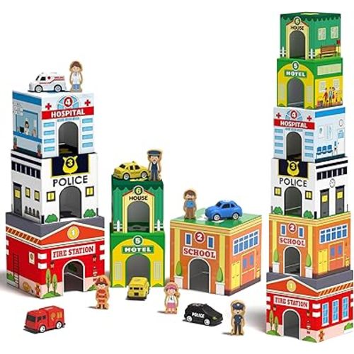 Coogam Montessori Sorting & Stacking Blocks with Nesting Garages Cars, Stackable Number Boxes for Toddlers Learning Community Helpers, Preschool Educational Toy Gift for 2 3 4 Year Old Baby