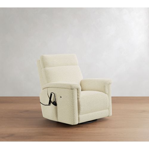Dream Square Arm Upholstered Deluxe Power Swivel Recliner Heat Massage Silver Buttons, Polyester Wrapped Cushions, Performance Boucle Ivory