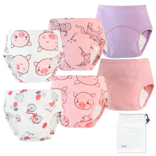 EZ Moms 6 Packs Potty Training Underwear for Girls 100% Cotton Absorption Padded Toddler Training Underwear Girls 3T Leakproof Reusable Kid Confident Toddler Panties Pee Pants with Potty Sticker Chart