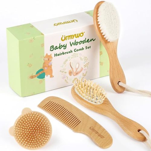 Baby Brush and Comb Set, 4 Piece Wooden Soft Bristle Hairbrush for Newborns