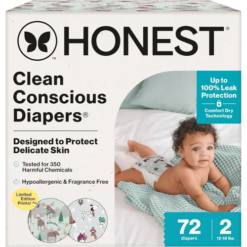 The Honest Company Clean Conscious Diapers for Delicate Skin | Up to 100% Leakproof | Hypoallergenic, Fragrance Free | Winter '25 Limited Edition Prints | Club Box, Size 2 (12-18 lbs), 72 Count