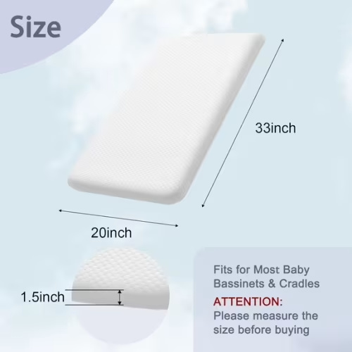 Bassinet Mattress Pad Dual Sided Gel Memory Foam Waterproof Removable Ice Silk Cover for 33x20 Bassinets