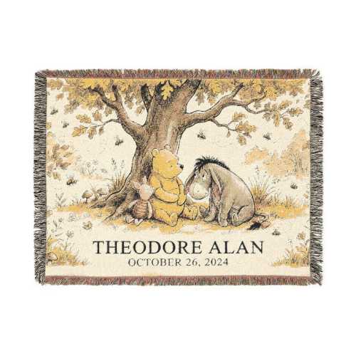 Winnie the Pooh Personalized Woven Blanket, Custom Eeyore Piglet Nursery Decor, Baby Hundred Acre Wood Classic Pooh Tapestry