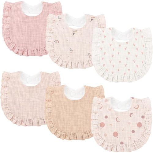 Bearmoss 6 Pack Baby Girl Bibs for Newborn, Muslin Bibs with Ruffle Trim