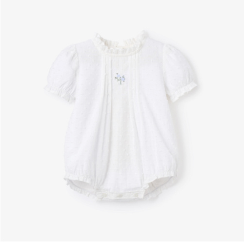 Swiss Dot Pintucked Bubble w/ Rose Embroidery WHITE / 3-6M
