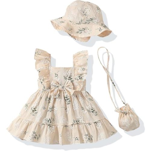Renotemy Newborn Infant Baby Girl Dresses Summer Outfits Boho Casual Sundress Gifts Toddler Clothes for Girl with Hat and Bag