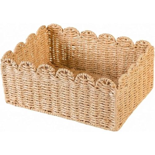 Scalloped Basket, Paper Rope Wicker Storage Baskets 14" L x 10.5" W x 5.9" H, Hand Woven Baskets for Shelves, Rattan Organizing Baskets for Living Room, Bedroom, Table, Bookcase, Shelf (Large)