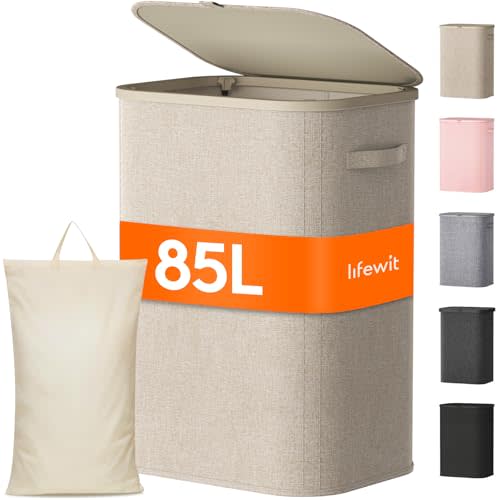 Lifewit 85L Large Laundry Hamper with Lid, Removable Inner Bag, Beige | Collapsible Laundry Baskets, Reinforced Handles, Sturdy Plastic Frame, Tall Dirty Clothes Hampers for Laundry Room, Dorm, RV
