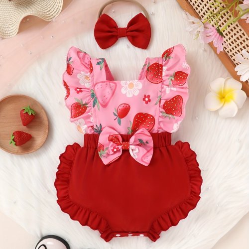 Girls' Cute and Comfortable Casual Elegant Bow-Decorated Strawberry Print Heart-Shaped Ruffle Romper with Headband, Perfect for Summer Outings, Vacations, and Parties, Perfect for Outdoor