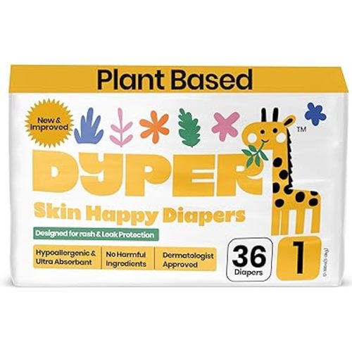 DYPER - Baby Diapers Size 1 (36 Count) - Plant Based Disposable Diapers for Day and Overnight Premium Leak Protection, Skin-Friendly Comfort with Soft Size 1 Diapers (8-14 lbs)
