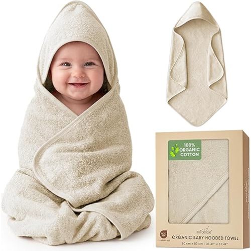 infancie 100% Organic Cotton Plush Woven Hooded Baby Bath Towels - Soft and Absorbent 31x31 Inches for Newborns and Kids, Hooded Baby Towels, Premium Infant Towels (Ivory)
