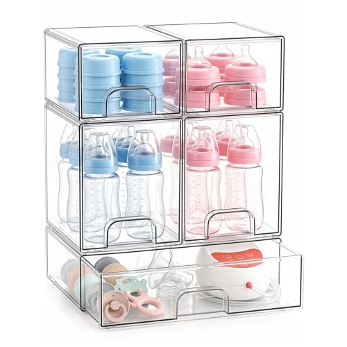 Baby Bottle Storage Organizer | Stackable Clear Acrylic Storage Drawers Set of 5 for Countertop, Vanity, Bathroom, Cabinet, Pantry Organization