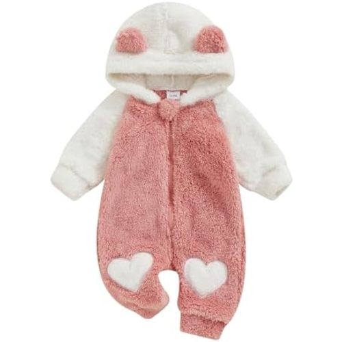 Newborn Baby Boy Girl Hooded Fleece Lined Romper Animal Bear Long Sleeves Hood Zipper Closure Infant One Piece Jumpsuit
