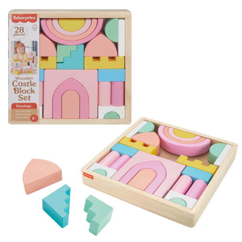 Fisher-Price Wooden Pink Castle Building Block Set, 28 Pieces, Stacking Pretend Play for Toddlers 2 plus