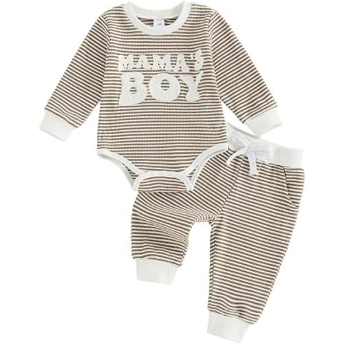 KMBANGI Baby Boy Waffle Knit Set Newborn Long Sleeve Letters Embroidered Romper Pants Infant 2 Piece Fall Winter Clothes