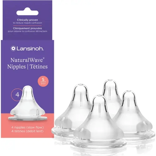 Lansinoh NaturalWave Baby Bottle Nipples, Slow Flow, Size S,1+ Month, 4 Count – 100% Soft, Durable Silicone, Made Without BPA BPS, Anti-Colic, Supports Baby’s Developing Mouth and Teeth