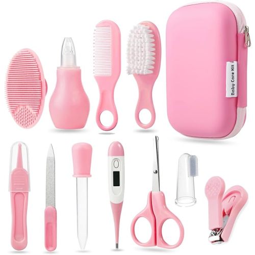 PandaEar Baby Healthcare and Grooming Kit, 13-in-1 Pink: Baby Comb, Brush, Finger Toothbrush, Nail Clippers, Scissors, Nasal Aspirator, Baby Essentials Nursery Care Kit