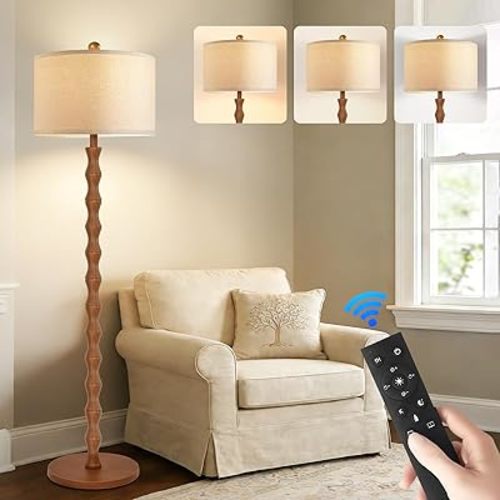 Wood Floor Lamp with 3 Color Temperatures,Boho Floor Lamp with Remote Control,Dimmable LED Floor Lamp Mid Century Modern Standing Lamp Farmhouse Tall Pole Lamp for Living Room Bedroom