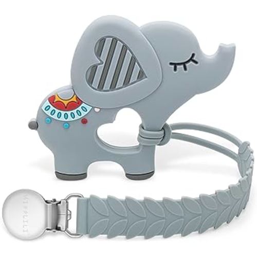 Teething Toys for Babies, Baby Teethers with Clip Silicone Baby Teether Toys for Boys and Girls Infant Teething Relief for Teething Elephant Shape, Gray