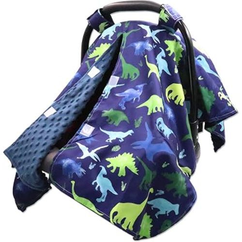 TANOFAR Car Seat Cover Baby Boys, Minky Infant Car Seat Cover for Privacy Nursing, Peekaboo Opening Infant Car Seat Cover, Must-Have Baby Gift, Blue Dinosaur