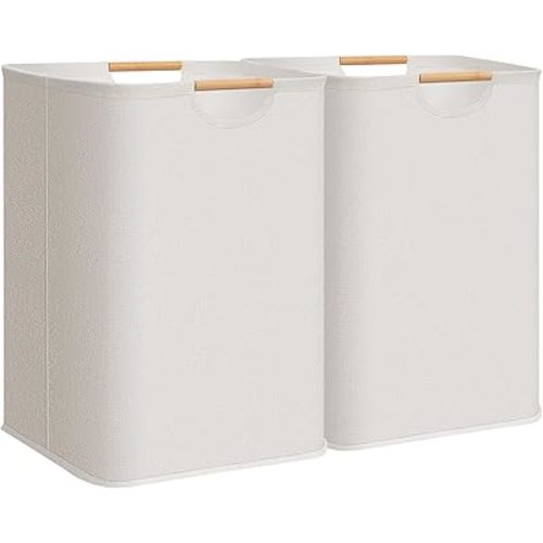 STORAGE MANIAC 2-Pack Large Laundry Hamper, 100L (26.4 Gal) Collapsible Laundry Basket with Bamboo Handles, Freestanding Waterproof Clothes Hamper for Laundry Room, Bedroom, Dorm, Towels, Toys, White