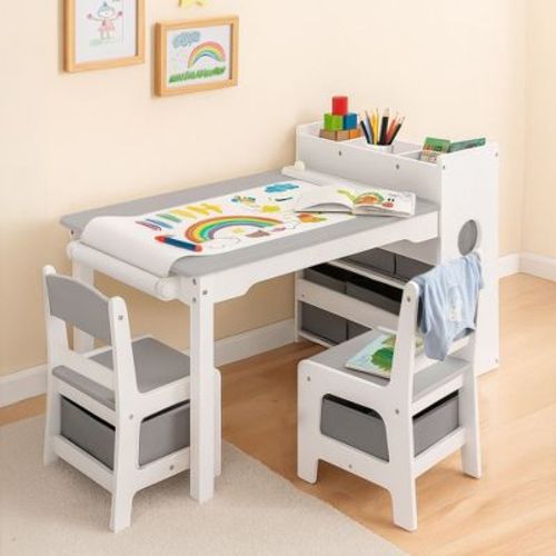 Kinder King Kids Table and Chair Set with Storage – Toddler Activity Desk with 8 Bins & Paper Roll for Drawing, Reading, Crafts & Snacks