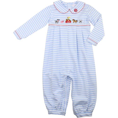 Blue Stripe Knit Embroidered Farm Long Romper for Baby | Cecil & Lou