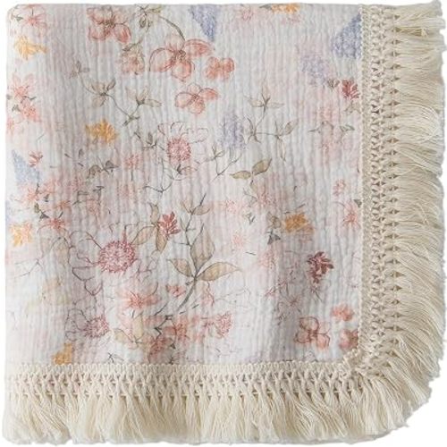 Cotton Muslin Baby Blanket with Tassel, Boho Bohemian Muslin Swaddle Blanket Baby Receiving Blanket with Fringe, Nursery Decor Throw or Nursing Blankets, 47" x40”(Watercolor Flower)