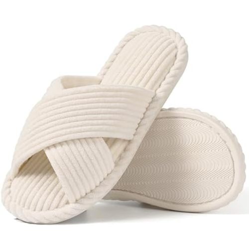 Evshine House Slippers for Women Memory Foam Bedroom Slippers Corduroy Open Toe Slides Shoes Indoor and Outdoor