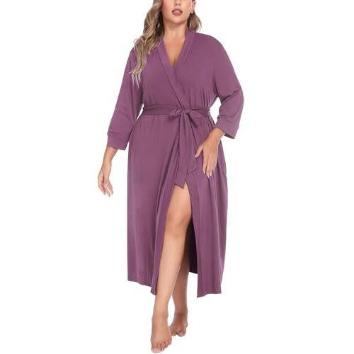 IN'VOLAND Womens Plus Size Kimono Robes Long Knit Bathrobe V Neck Ladies Loungewear Lightweight Soft Sleepwear 1X-5X