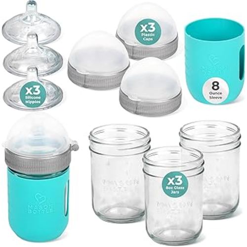 Mason Bottle Baby Glass Bottles Gift Set - Includes 3X Anti Colic Glass Baby Bottle 8 oz, 3X Slow Flow Nipple, 3X Cap+Ring, 1x Silicone Sleeve - BPA Free, Non Toxic Glass Feeding Bottles for Babies