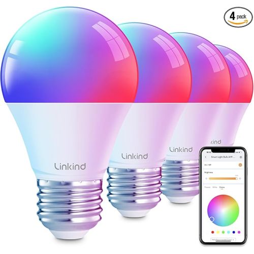 Linkind Smart Light Bulbs, Smart Bulb That Work with Alexa & Google Home, LED Light Bulbs Color Changing, 104 Preset Scene, Music Sync, A19 E26 2.4GHz RGBTW WiFi Bluetooth Light Bulb 60W, 800LM, 4Pack
