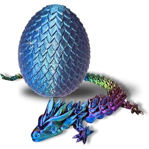20" Articulated 3D Printed Dragon with Surprise Egg – Flexible Fidget Toy for Kids & Teens, Dragon Egg, Mythical Figurine (Rainbow with Blue Egg)