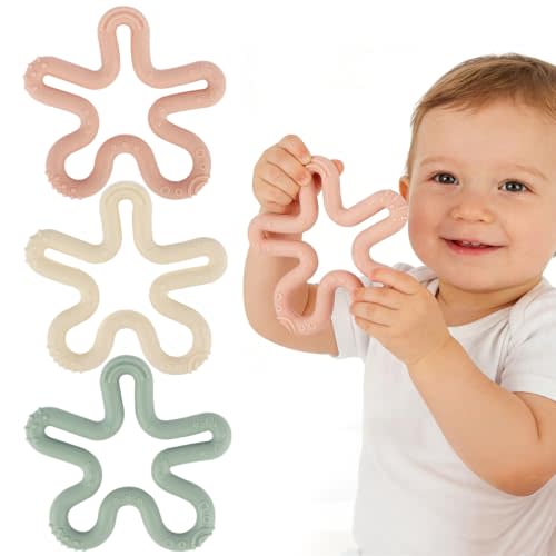 Fu Store 3pcs Coral Flower Ring Teether Baby Teething Toys Silicone Teether | Baby Teether Ring Toys for Babies 0-6 0-12 0-24 0-36 Months Easy to Grasp Clean Infant Teething Relief Soothing Sore Gums