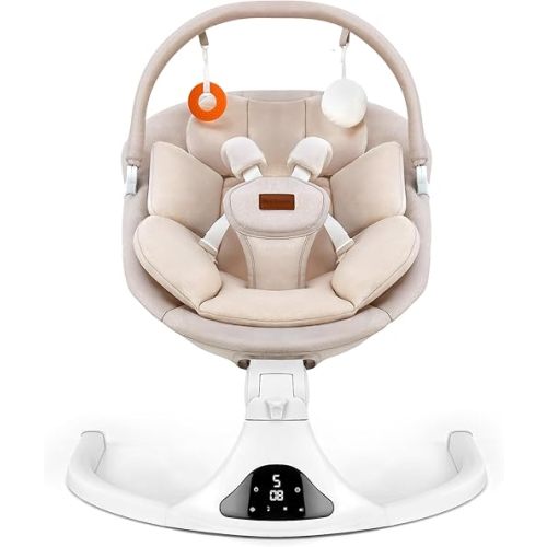 Baby Swing, Electric Infant Swing with Remote Control, 5 Speed Adjustable, Machine Washable Cushion, 5 Point Safety Harness, Bluetooth Music, Portable Baby Swing (Beige)