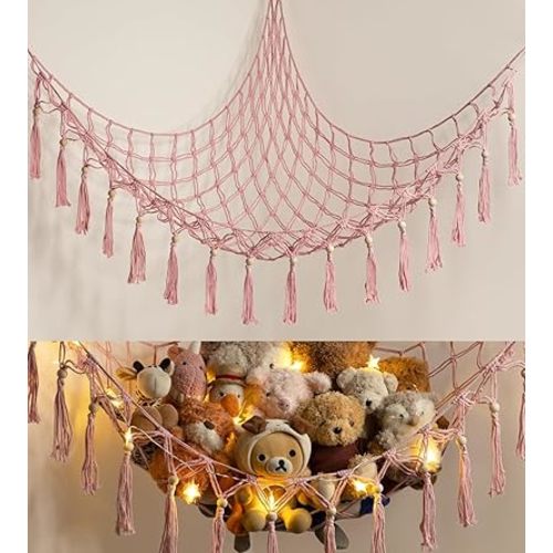 Stuffed Animal Storage Hammock Corner with LED Light - Toy Hanging Organizer Plushie Net - Pink Room Decor for Teen Girls - Cute Bedroom Aesthetic Nursery Kids Baby Toddler