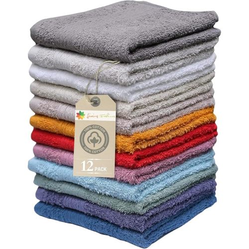 Living Fashions Washcloths, 12 Pack, 100% Extra Soft Ring Spun Cotton Wash Cloth, Size 13" X 13", Soft and Absorbent, Machine Washable, Vibrant Assorted Colors