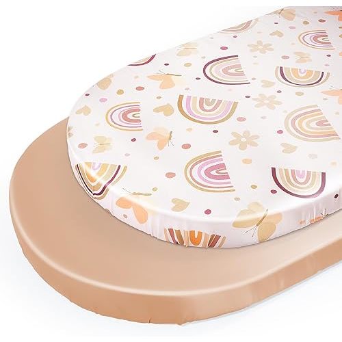 Unicorn Castle Satin Bassinet Sheets Baby 2 Pack Soft for Baby Hair Skin Fitted Bedside Bassinet Sheets for Newborn for Oval Rectangle Hourglass Bassinet Mattress,Beige Butterfly- Brown