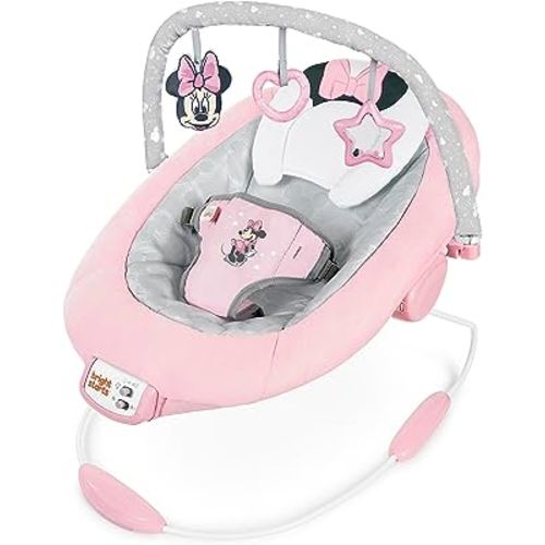 Bright Starts Disney Baby Minnie Mouse Comfy Baby Bouncer Soothing Vibrations Infant Seat - Music, Removable -Toy Bar, 0-6 Months Up to 20 lbs (Rosy Skies)
